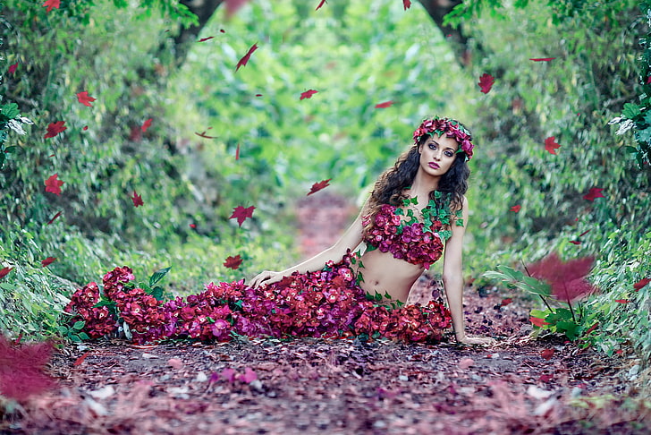 women's red and green floral costume, autumn, leaves, girl, flowers