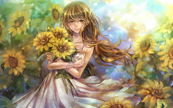 HD wallpaper: anime, beautiful, bouquet, flowers, girl, original, smile,  sunflowers | Wallpaper Flare