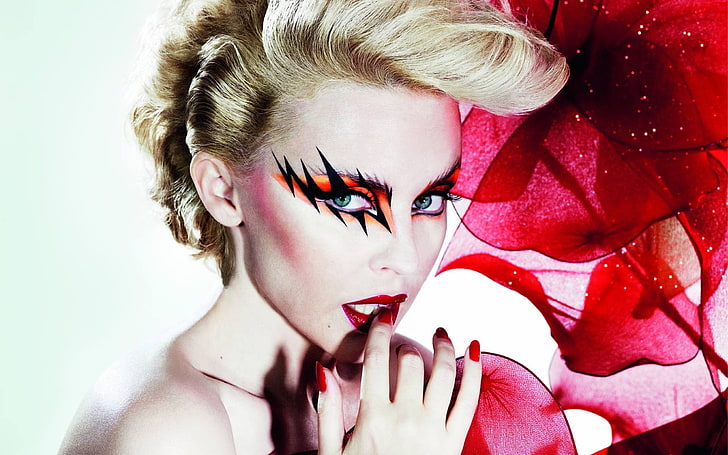 Kylie Minogue, portrait, headshot, make-up, red, women, close-up