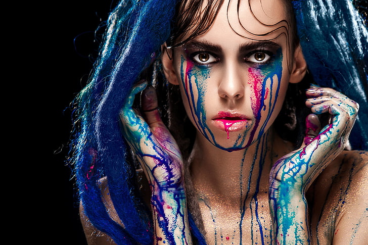 colorful, makeup, face, hands, portrait, women, model, blue, HD wallpaper