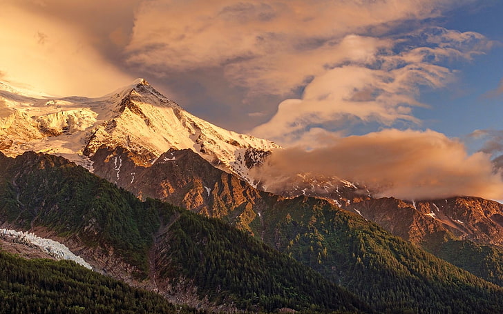 photo of mountains, nature, landscape, Alps, sunset, snowy peak, HD wallpaper