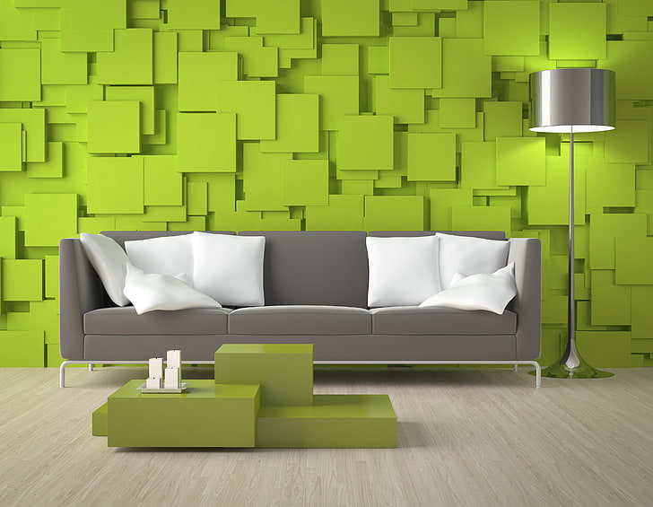 gray fabric 3-seat sofa, green, wall, furniture, domestic Room, HD wallpaper