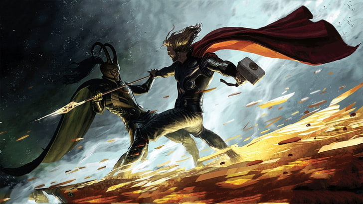 Marvel Thor vs Loki digital wallpaper, comics, Marvel Comics