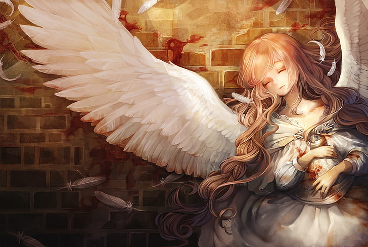 fantasy art, angel, blood, white, original characters, rain