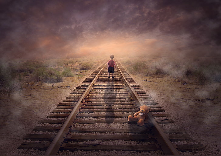 Child, Boy, Alone, Rail track, Teddy bear, Foggy, Dream, HD wallpaper