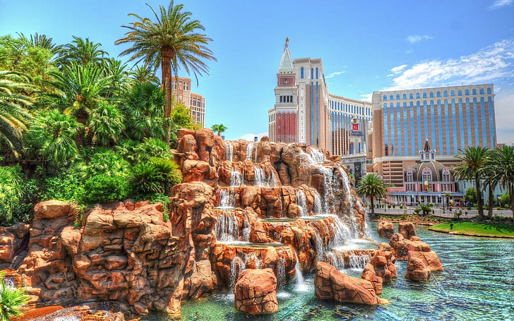 USA, Nevada, Las Vegas, Venetian Hotel, palm trees, waterfalls