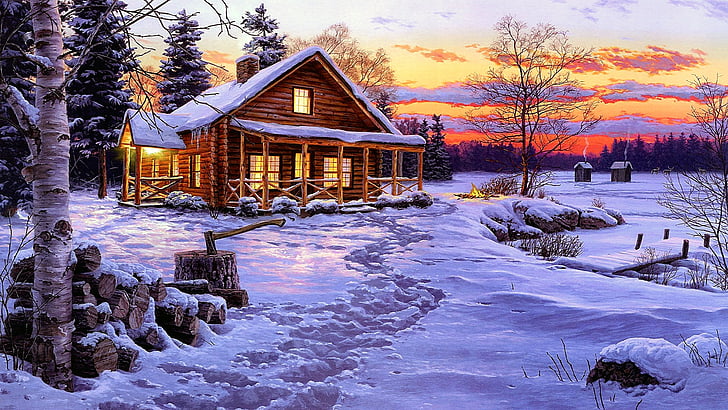 painting, winter, landscape, painting art, snowy, log cabin, HD wallpaper