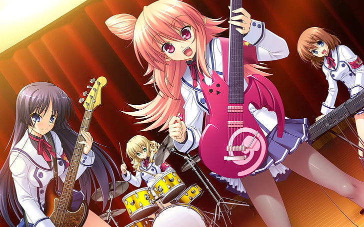 four female anime characters playing instruments illustration