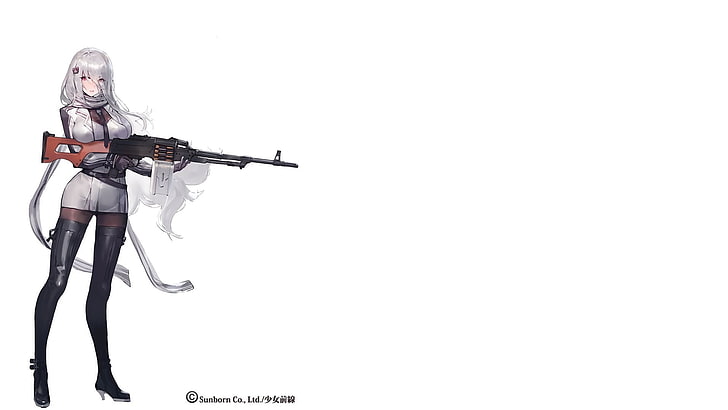 anime girls, simple background, girls with guns, white hair, HD wallpaper