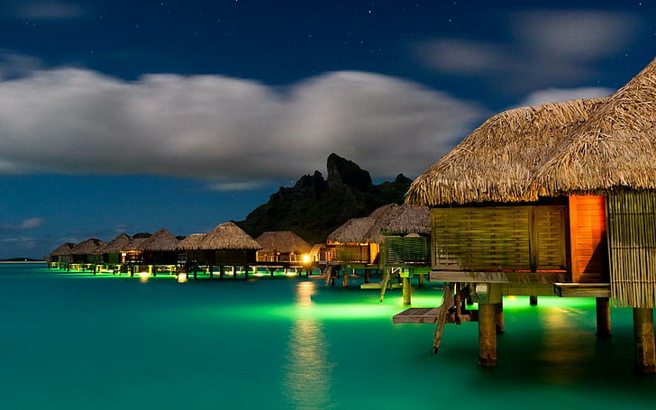 Hawaii Islands Night On The Island Of Bora Bora Bungalow Houses With A Roof Of Straw Sky With Stars Wallpaper Hd 1920×1200, HD wallpaper