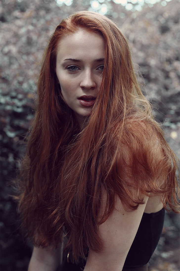 Sophie Turner, redhead, women, model, long hair, portrait display