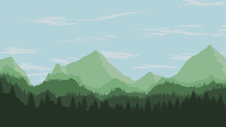 green mountain illustration, landscape, Photoshop, mountains