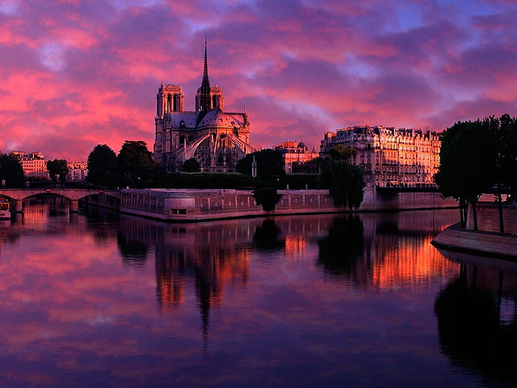 Notre-Dame, sunset, Paris, France, reflection, sky, water, cloud - sky, HD wallpaper