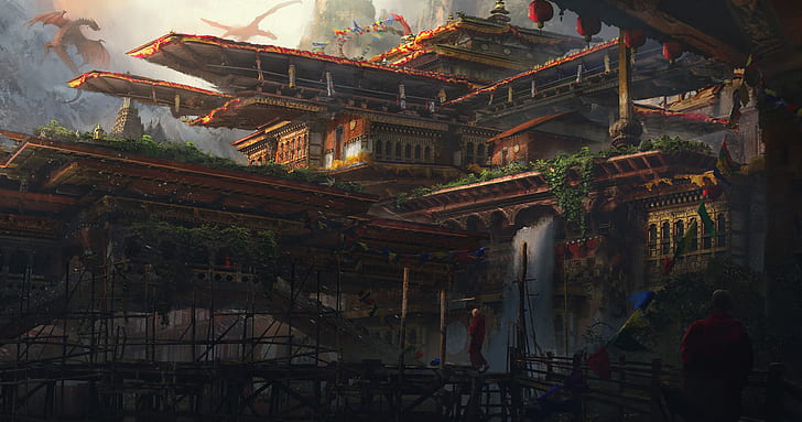 temple, Buddhism, monks, artwork, fantasy art, digital art, HD wallpaper