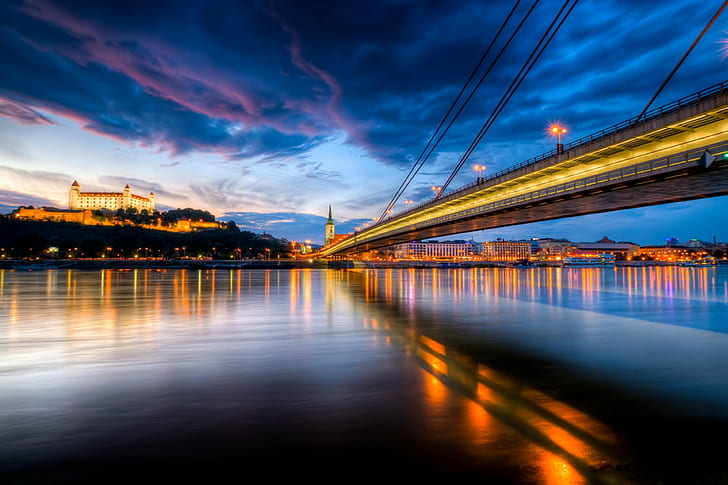 bridge with river, Night, colors, danube  river, dunaj, novy  most, HD wallpaper