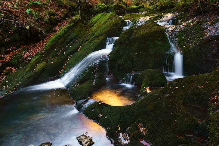creek beside green moss during daytime, III, Sun, river, waterfall