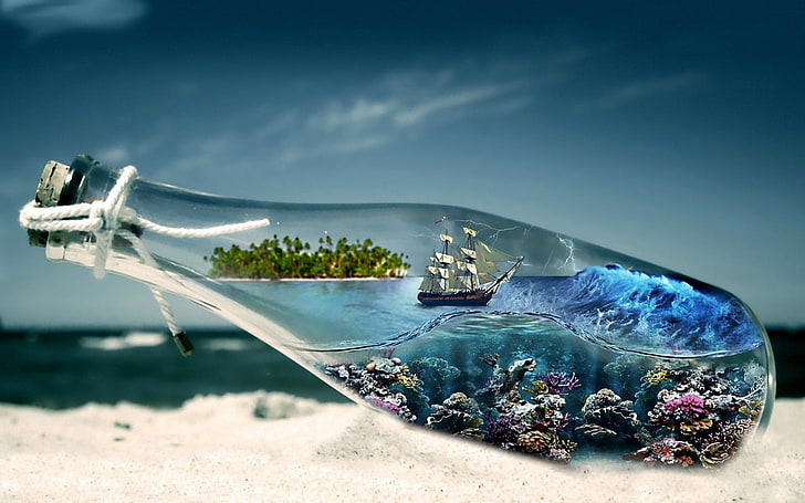 clear glass bottle, SEA, SHIP, The OCEAN, The SKY, SAND, WAVE