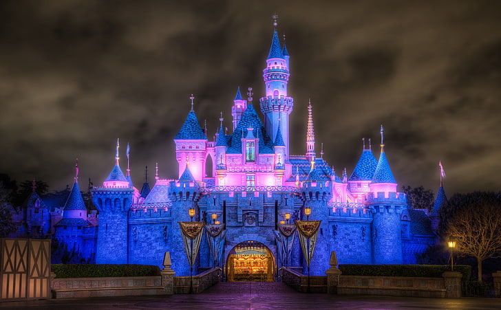 Sleeping Beauty Castle, blue and pink castle illustration, United States