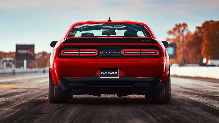 Dodge Challenger, car, red cars, rear view, mode of transportation, HD wallpaper