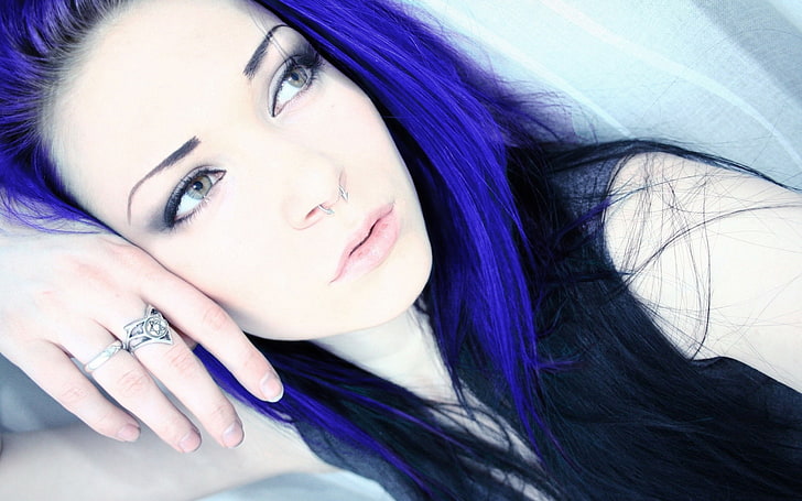 blue hair, nose rings, women, Satanism, portrait, one person