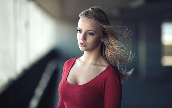 women's red scoop-neck shirt, blonde, face, necks, depth of field, HD wallpaper