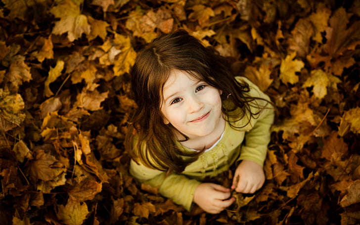 children, fallen leaves, smiling, photography, HD wallpaper