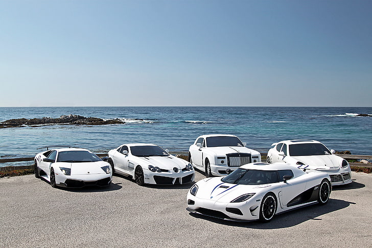 five white sports cars, Lamborghini, supercar, Porsche, Mercedes