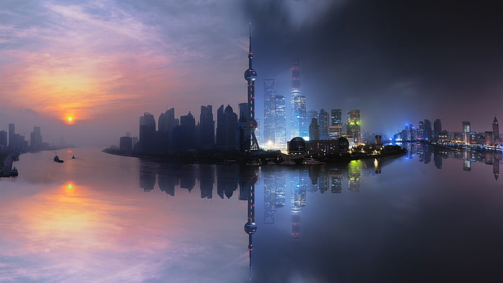 New York City skyline collage poster, night, Shanghai, building exterior