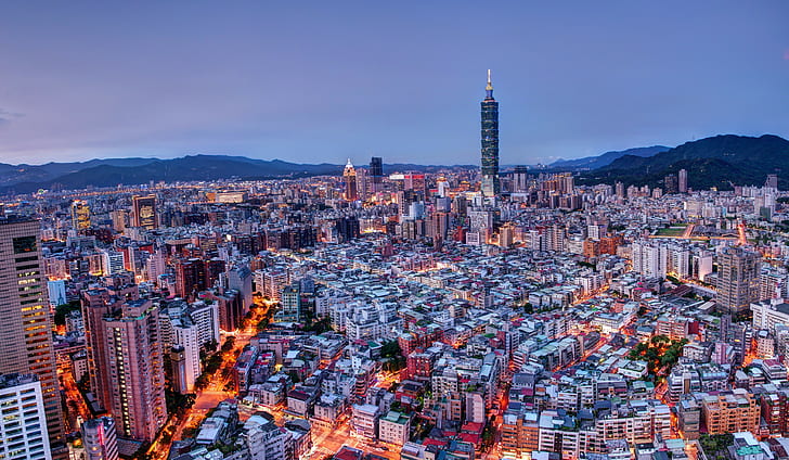 China, Taipei, Taiwan, black tower building, city, mountains, HD wallpaper