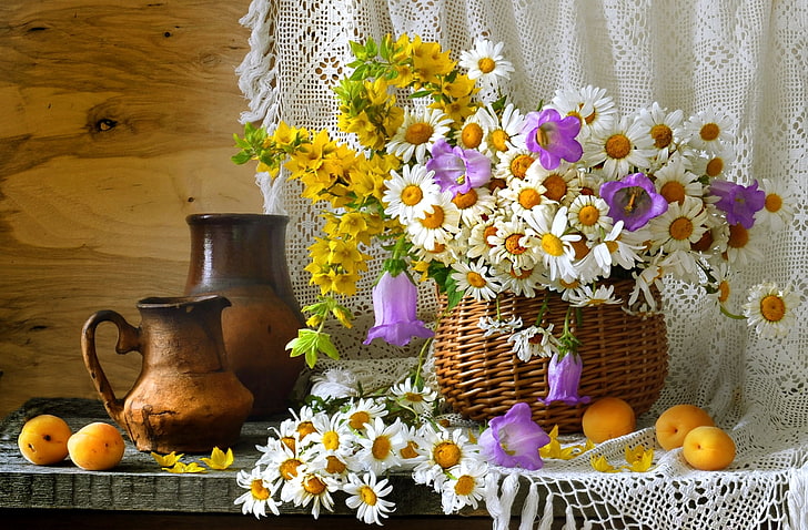 white and yellow faux flowers, summer, basket, chamomile, dishes