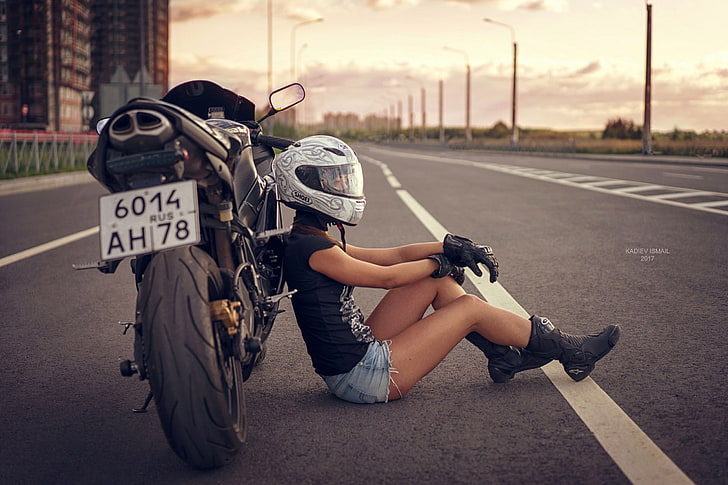 women, model, Kadiev Ismail, women with bikes, helmet, motorcycle, HD wallpaper