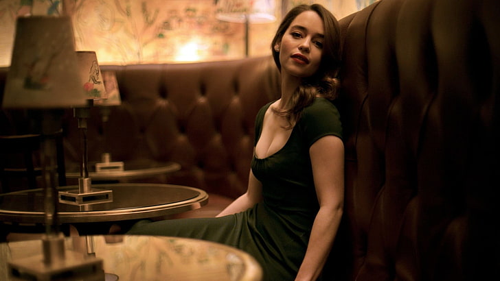 women's green short-sleeved dress, Emilia Clarke, one person