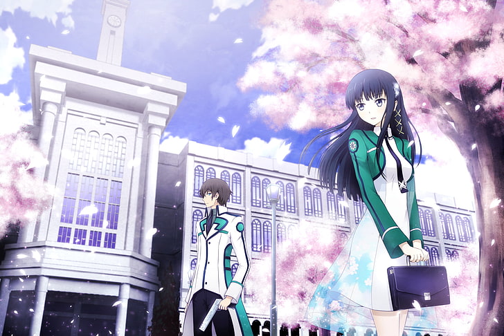 anime wallpaper, the sky, girl, clouds, trees, smile, gun, petals