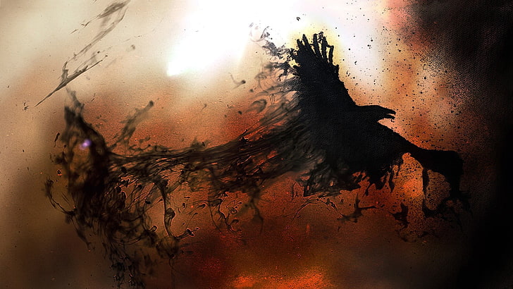 black bird illustration, raven, digital art, birds, artwork, indoors