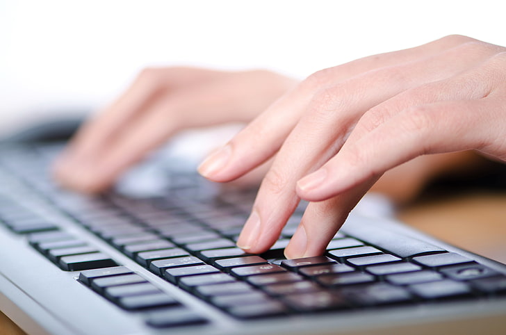 black and gray computer keyboard, fingers, hand, girl, pressing, HD wallpaper