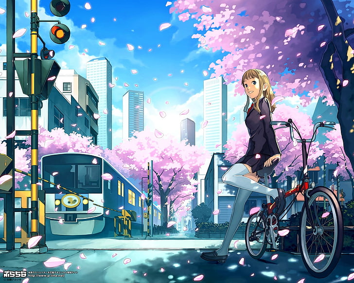 anime girls, city, bicycle, cherry blossom, school uniform, HD wallpaper