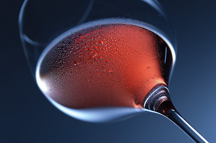 glass, water drops, wine, photography, blue background, close-up