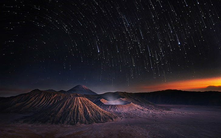 landscape mount bromo long exposure milky way sunrise crater volcano indonesia star trails, HD wallpaper