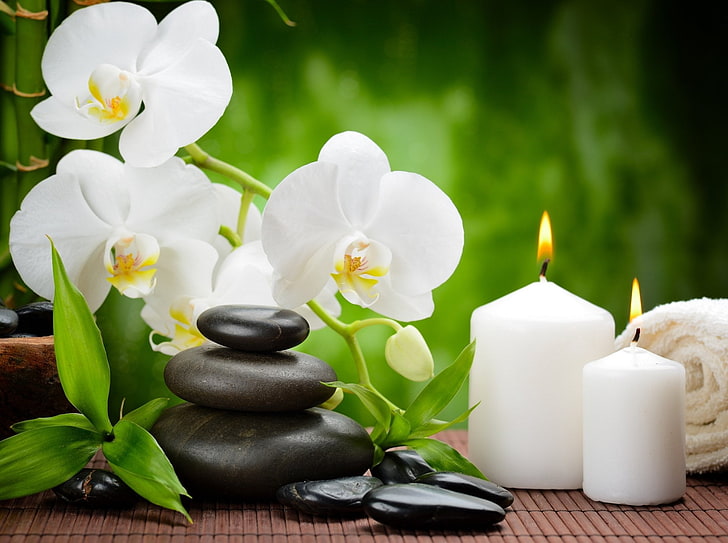 Religious, Zen, Candle, Orchid, Spa, Towel, flower, plant, nature, HD wallpaper