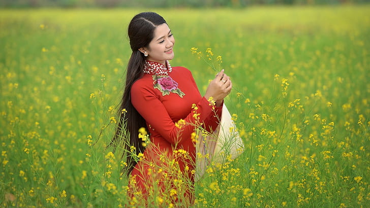 Asian, field, flowers, women, model, outdoors, women outdoors, HD wallpaper