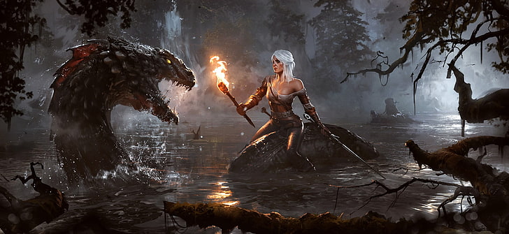 woman riding on serpent illustration, water, night, lake, sword