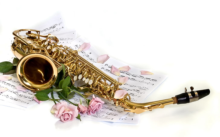 Saxophone Music, brass-colored wind instrument, flowers, rose, HD wallpaper