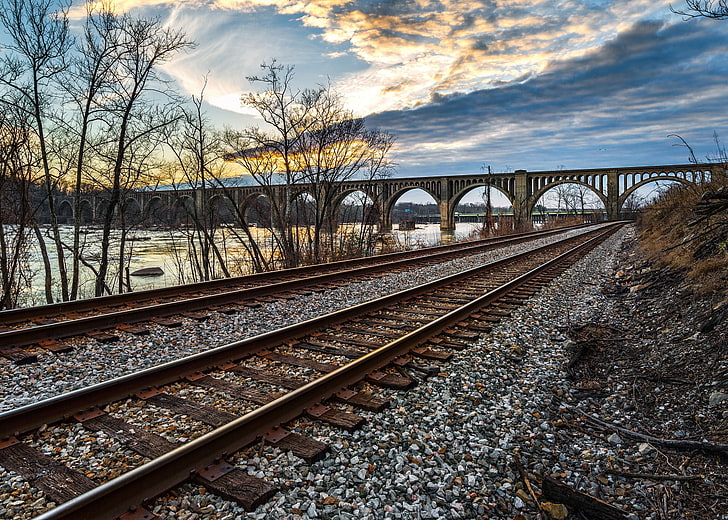 landscape, bridge, railway, rail transportation, railroad track, HD wallpaper
