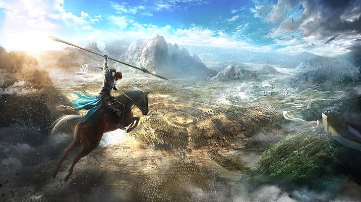 Dynasty Warriors 9 Key Art, man riding horse digital wallpaper