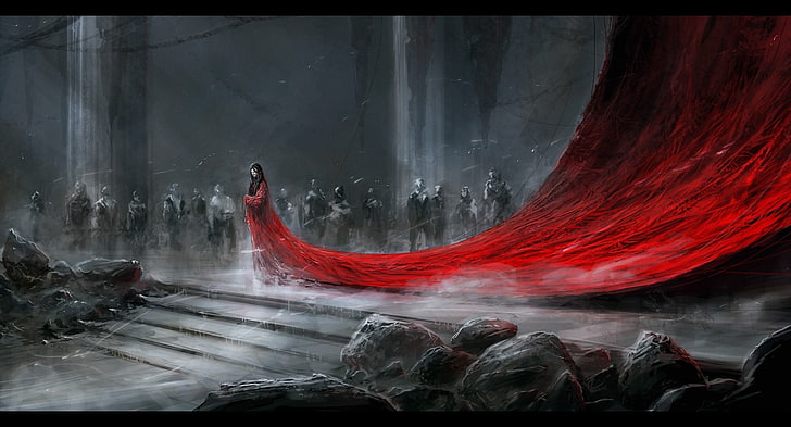 woman wearing red dress digital wallpaper, fantasy art, selective coloring, HD wallpaper