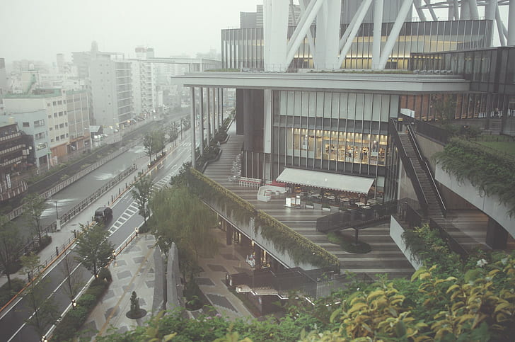 balcony, mist, hazy, industrial, city, HD wallpaper