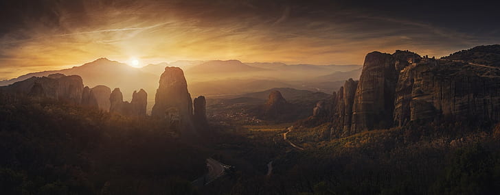 nature, road, panorama, mountains, landscape, sky, Meteora, HD wallpaper