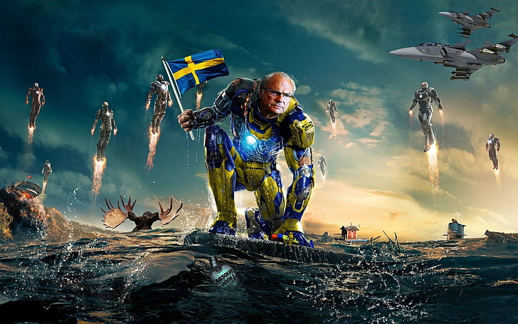 Iron Man meme holding flag, Swedish, Knugen, kronkalle, real people