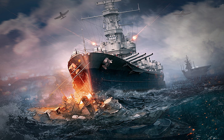 artwork, World of Warships, video games, battleships, burning