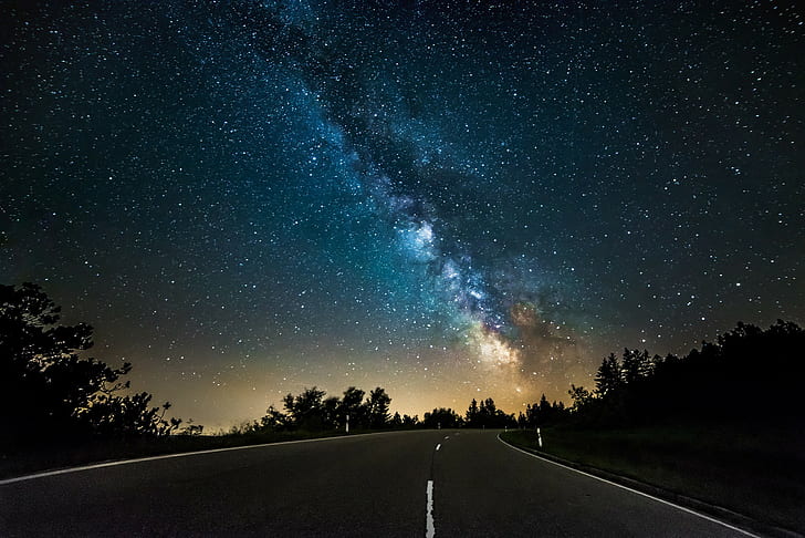 The milky Way, purple and black photography, road, trees, stars, HD wallpaper